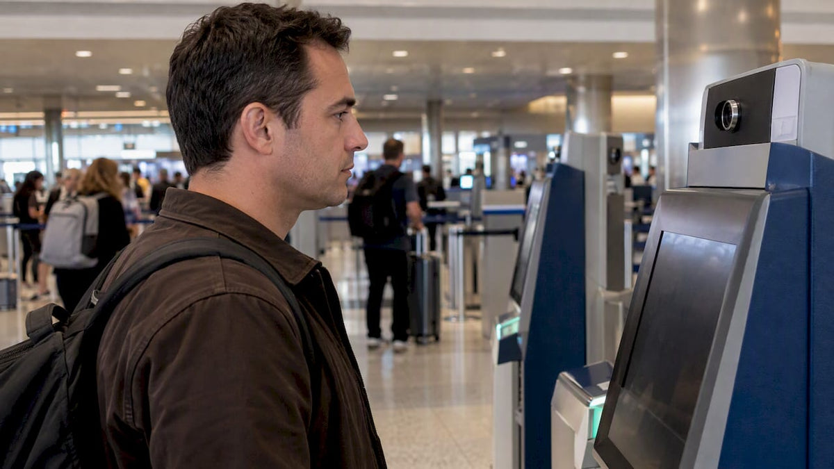 Traveler having a face photo captured at airport kiosk